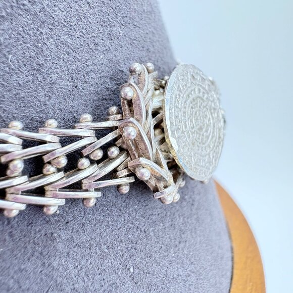 Sterling Silver 925 Mayan Calendar Interlocking Link Bracelet Size 7.5" Length - Picture 2 of 10